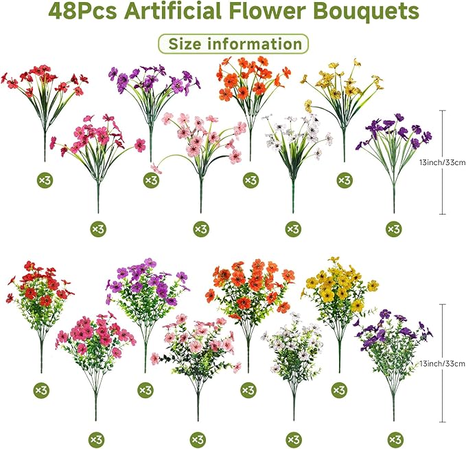 Alupssuc 48 Bundles Artificial Flowers for Outdoors Decoration, UV Resistant Silk Faux Daisy Flora Spring Fake Plastic Plants Greenery for Outside Indoor Yard Home Porch Window Box Decor, Mix 8 Colors