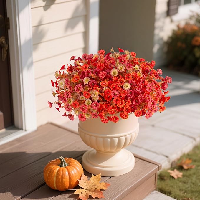 Hrobek Fall Artificial Flowers for Decoration, 12 Bundles Fake Autumn Flower Plants Petunias, Faux Silk Morning Glory Eucalyptus for Planter Garden Porch Front Door Window Box, Red Orange