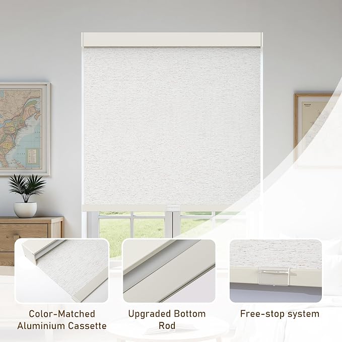 AOSKY Linen Roller Blinds Shades for Indoor Windows Pull Down Cordless Blackout Black Out Window Shade 38 inch Blinds for Home Linen