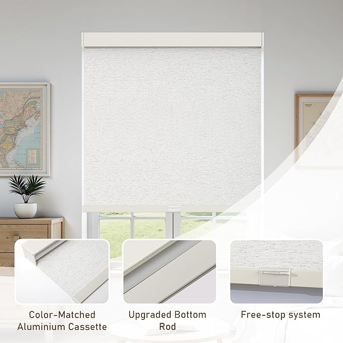 AOSKY Linen Roller Blinds Shades for Indoor Windows Pull Down Cordless Blackout Black Out Window Shade 58 inch Blinds for Home Linen