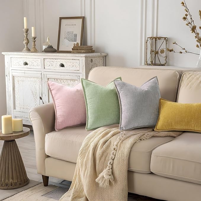 decorUhome Summer Chenille Soft Cozy Throw Pillow Covers 12x20 Set of 2, Modern Farmhouse Boho Velvet Decorative Pillow Cases with Stitched Edge for Couch Sofa Bed Home Decor, Mineral Yellow