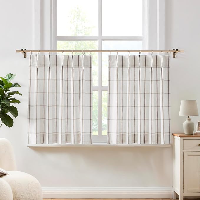 Vision Home Tan Plaid Linen Pinch Pleated Tier Curtains 24 inch, Checkered Semi Sheer Kitchen Curtains with Back Tab & Hooks, Light Filtering Small Window Panels for Bathroom Laundry, 25" Wx24 Lx2