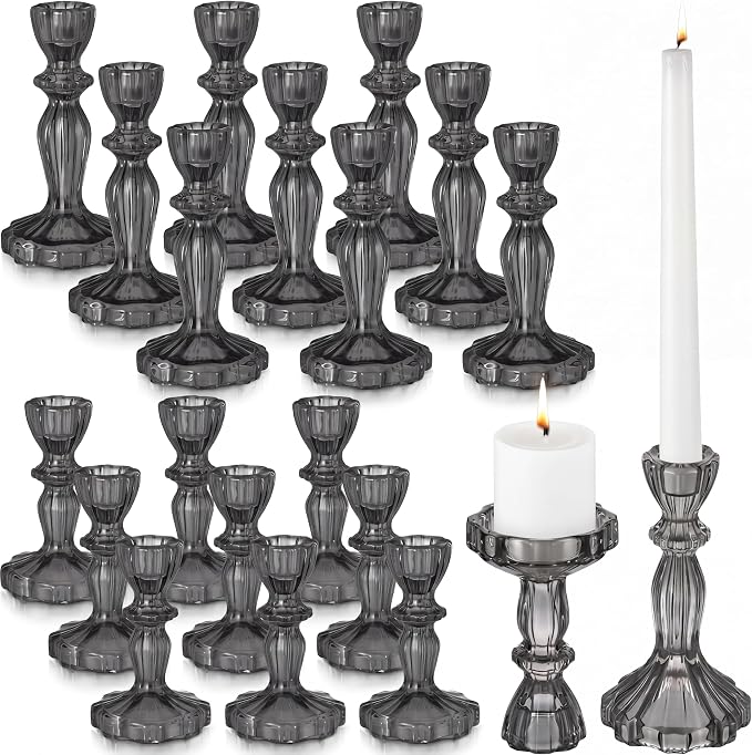 24 Pack Glass Candlestick Holders Set 4.3/6.1'' Taper Stripe Candle Holder Bulk Floral Shape Crystal Decorative Candle Stand Centerpiece for Table Wedding Dining (Black)