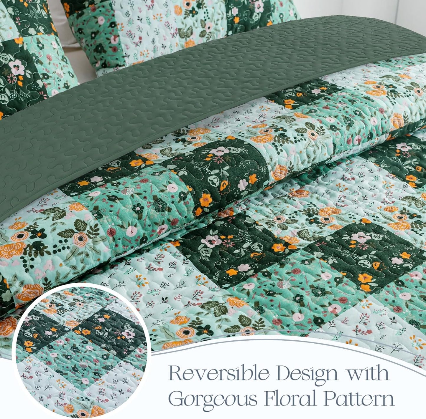 Exclusivo Mezcla Reversible Boho Quilt Set Queen Size, 3 Pieces Patchwork Green All Season Bedspreads, Ultra Soft Floral Coverlet Bedding Set with Printed Pattern (1 Quilt, 2 Pillow Shams)
