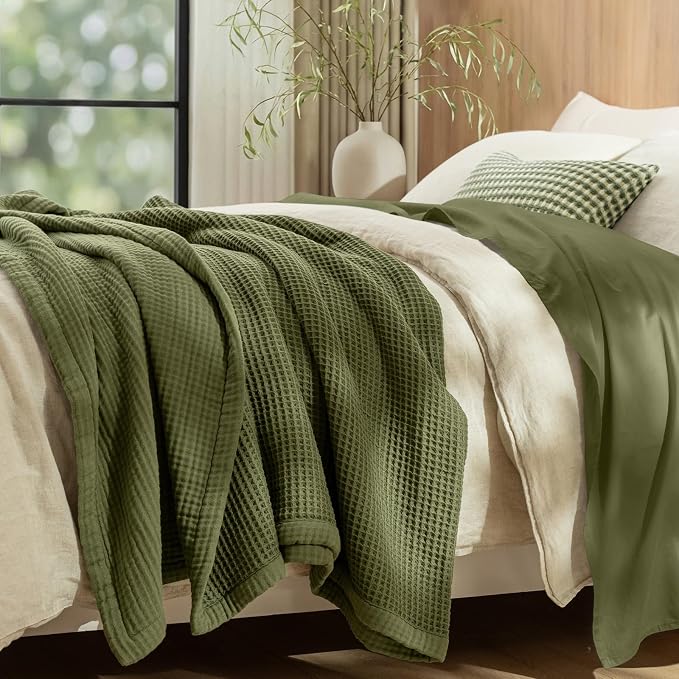 PHF 100% Cotton Waffle & Muslin Throw Blanket Large, Soft Breathable Luxury 400GSM Versatile Reversible Bedding for Couch, Great for Layering in Cold Weather, Home Decor Gift, 50" x 70", Olive Green