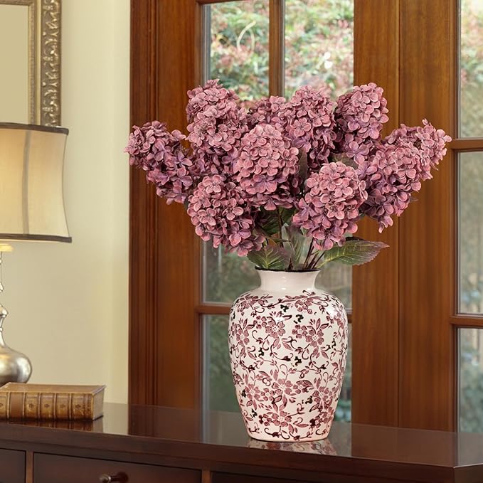 Ttranewsoo Burgundy Hydrangea Artificial Flowers,Fall Hydrangeas Artificial Flowers, Fake Fall Dried Hydrangea Decoration,Faux Silk Flower with Stems Winter Decor(Red Rose 24" 8pcs) Without Vase