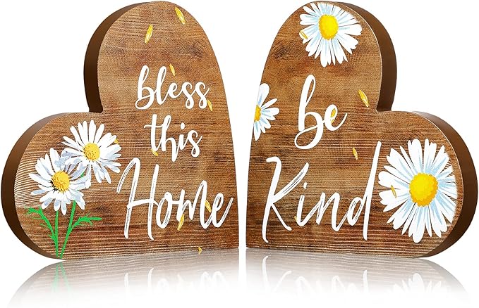 Jetec 2 Pcs Rustic Wooden Heart Table Decor, Daisy Farmhouse Home Decor, Bless This Home & Be Kind Sign for Living Room, Dining Room, Shelf & Mantel, Ideal Housewarming & Birthday Gift(Daisy Style)