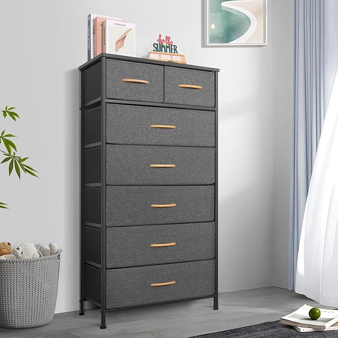 Mifuro Tall Dresser for Bedroom, Vertical Storage Organizer Tower with 7 Drawers, Chest of Drawers with Fabric Bins, Steel Frame, Wood Top for Bedroom, Closet, Entryway- Grey