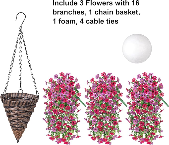 HyeFlora Artificial Hanging Flowers Basket for Outdoor, Fake Flowers Faux Plants Look Real for Yard Gardens Porch Patio Home (Purple+Hotpink)