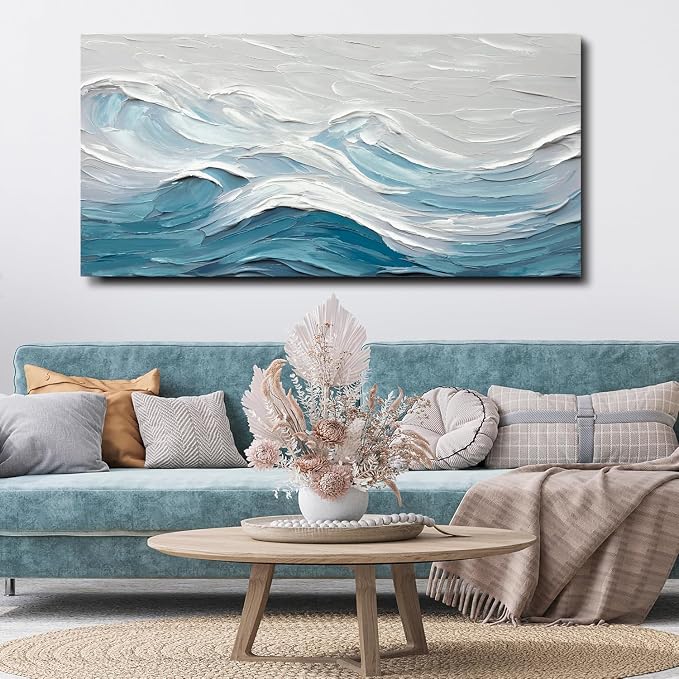 TRAIN2 ART Abstract Wall Art for Living Room Blue and White Ocean Paintings Wall Decor Modern 3D Textured Canvas Wall Art Large Artwork for Living Room Bedroom Office 24"x48"