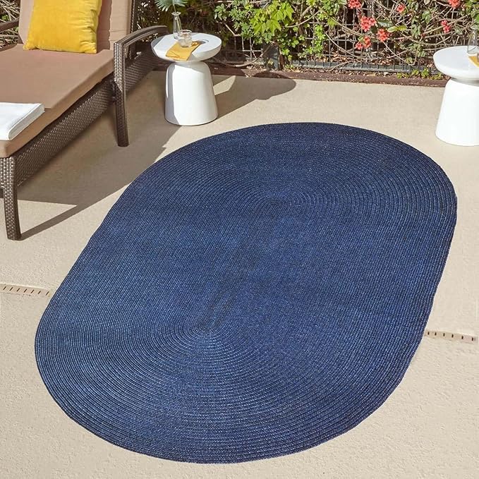 Superior Indoor/ Outdoor Oval Area Rug, Reversible Braided Home Floor Decor for Living Room, Kitchen, Entryway, Patio, Front Porch, Deck, Modern, Boho, Farmhouse Style, 8' x 10', Denim Blue