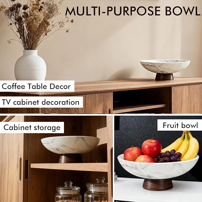 White Marble Texture Decorative Bowl with Acacia Wood Base – 11" Modern Pedestal Fruit Bowl for Table Centerpiece, Entryway or Kitchen Décor