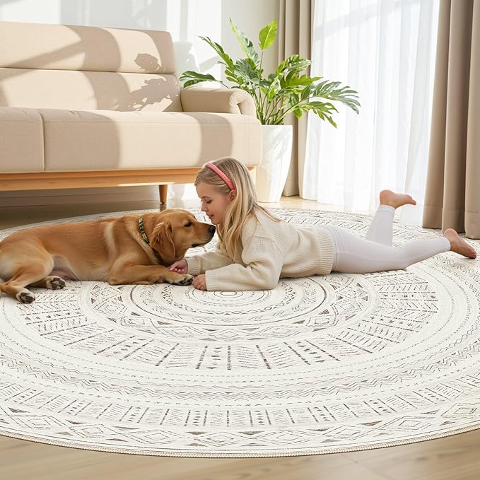 cotiled 8x8 Round Area Rug Living Room: Washable Boho Rugs with Non Slip Backing Large Soft Indoor Stain Resistant Carpet for Bedroom Farmhouse Dining Room Lightweight Home Decor L Brown/Cream