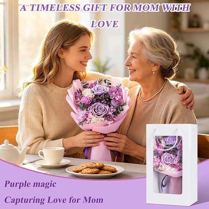 Flowers for Delivery, Preserved Flowers Bouquets – 4 Eternal Purple Roses that Last 2-3 Years,Gift for Mom Grandma Wife on Mother's Day,Forever Birthday Gifts for Women,Home Decor