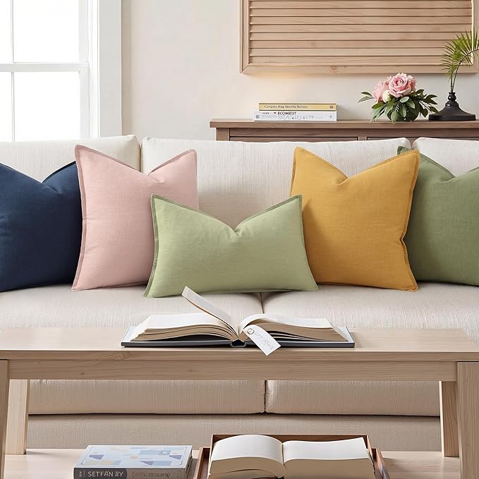 decorUhome Summer Decorative Linen Throw Pillow Covers 12x20 Inch Set of 2 Sage Green Lumbar Pillow Covers with Flange Edges Soft Farmhouse Boho Accent Pillow Cases for Couch Bed Living Room