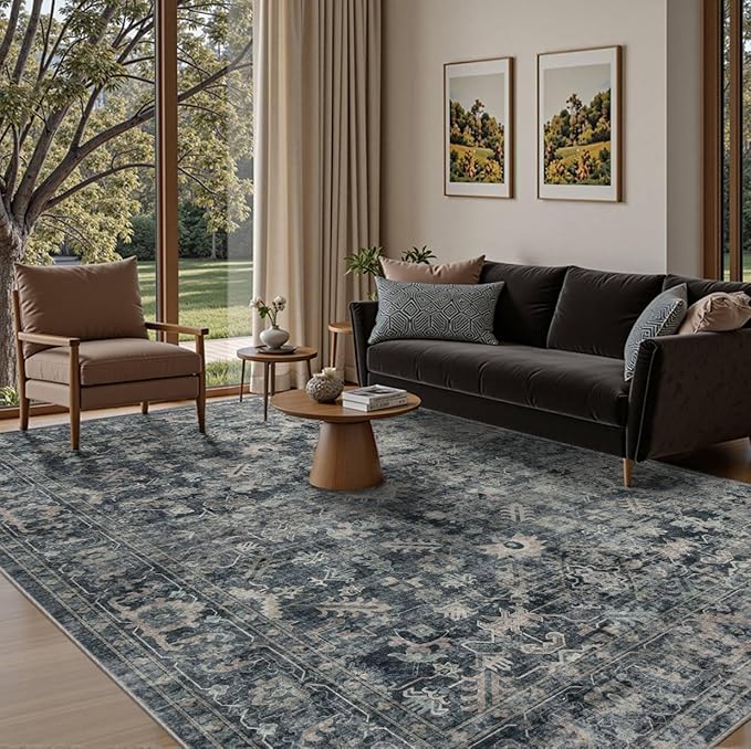 Rugxara 5x7 Area Rugs for Living Room Bedroom, Blue Washable Rug, Vintage Retro Boho Rug, Non Slip & Low Pile Faux Wool Thin Carpet for Indoor Dining Room and Kids Room(Blue 5x7ft)