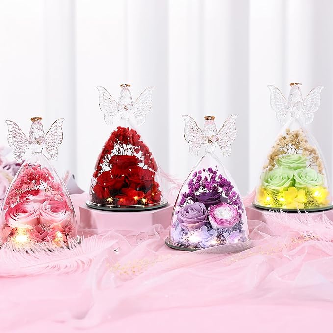 Mothers Day Rose Gifts for Women Preserved Real Flower in Glass Angel Figurines Roses for Delivery Prime Birthday Gifts for Mom Grandma Girlfriend Wife Her, Colorful Purple