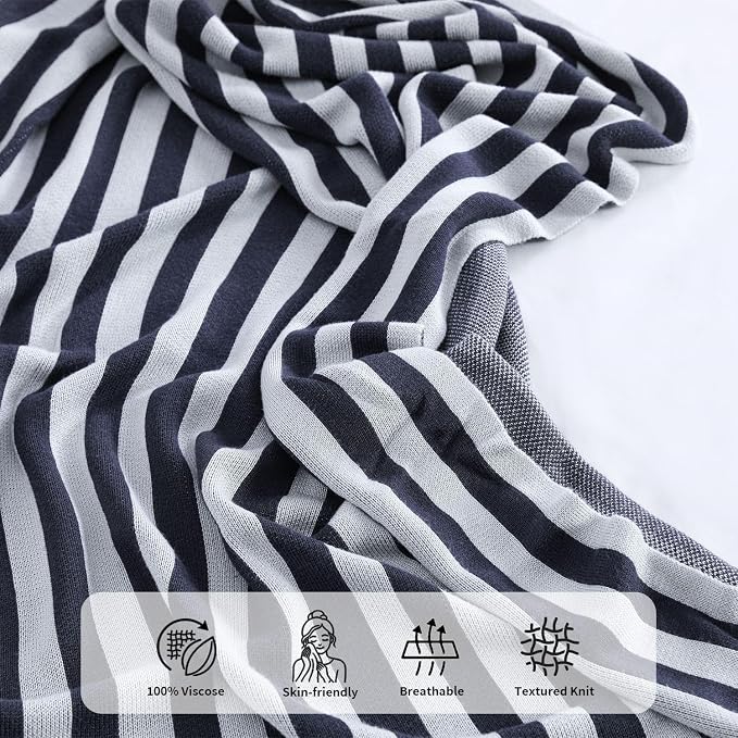 BOV Knit Light Blanket for Summer - 100% Viscose Super Soft Breathable Comfy Decorative Throw Blanket for Chair Couch Sofa Bed, Perfect Self Care Gifts for Women & Men, Onyx & Silver Stripe 50"x60"