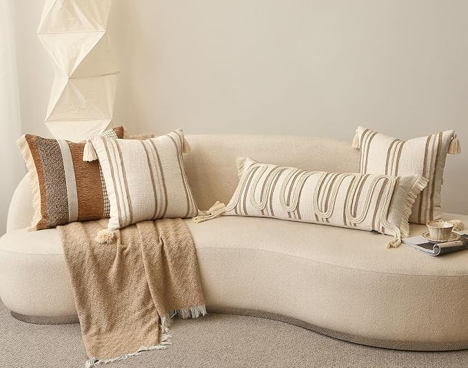 Cream Boho Decorative Throw Pillow Cover 20x20 | Modern Farmhouse Square Pillows Cushion Cover for Couch Bed Living Room Accent