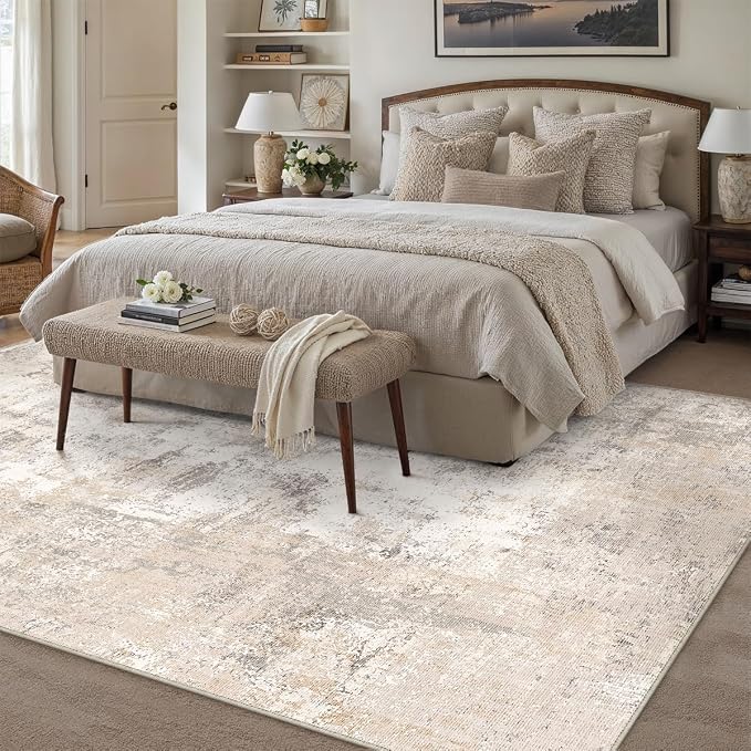 6x9 Washable Area Rug Beige Grey Abstract Non Slip Soft Low Pile Rug for Living Room Bedroom Dining Room Office Neutral Modern Indoor Throw Carpet for Home Decor