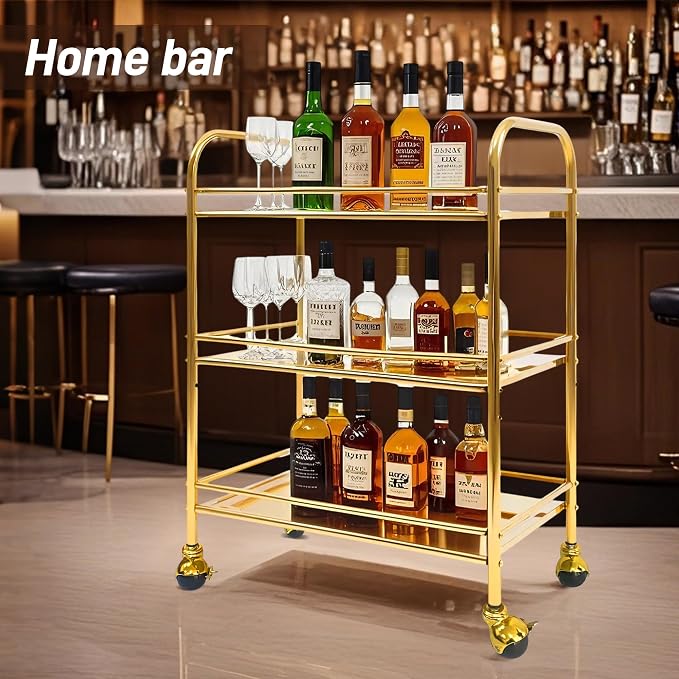 susunnus 3-Tier Gold Stainless Steel Bar Cart with Lockable Wheels,Home bar | Electroplated golden coating,with 4D guardrail,fall prevention,rustproof,wheels upgrated,for kitchen,living room,dinner party