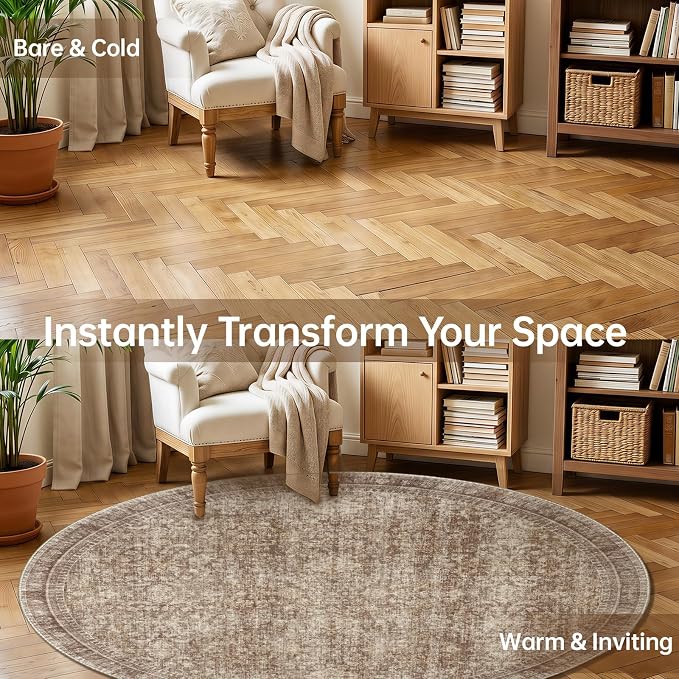 Sasttie Round Rugs 6ft, Ultra-Soft Washable Circle Rug, Low Pile Foldable Thin rugs with Non-Slip Backing, Skin-Friendly Stain Resistant Carpet for Living Room, Bedroom, Kitchen, Dorm, 6ft, Dark Brown