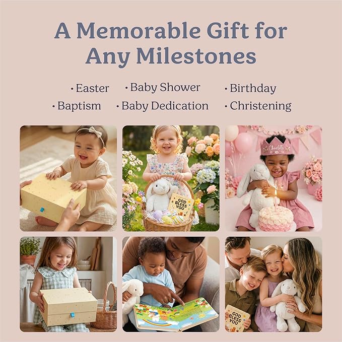 Praise Bunny Christian Easter Gift Set for Kids – 11” Singing Plush Toy with 3 Bible Songs, Hardcover Blessing Book, Keepsake Box, Stickers, Easter Basket Stuffers, Christening Gift for Baby, Toddlers