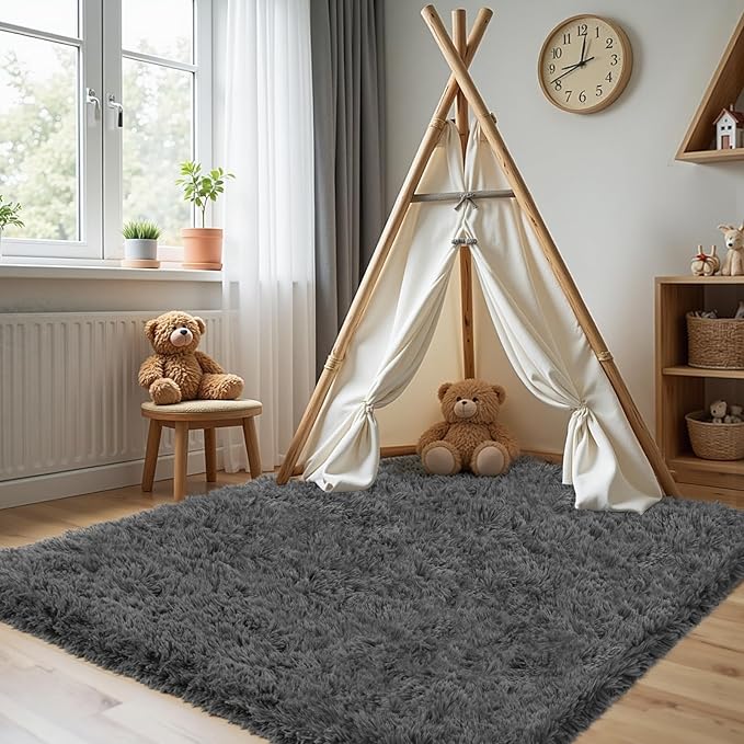4x6 Area Rug for Living Room, Ultra Soft Fluffy Shag Rugs for Bedroom, Non-Slip Large Fuzzy Plush Rug Indoor Floor Carpet for Nursery Kids Office Dorm Modern Decor, Dark Gray