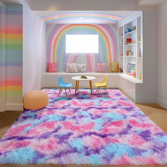 PAGISOFE Ultra Soft Rainbow Purple Area Rugs for Girls Bedoom 6x9 Ft, Fluffy Cute Colorful Pastel Girls Rug, Plush Kawaii Rugs for Kids Room, Playroom Hot Pink Purple Bedroom Decor Princess Carpet