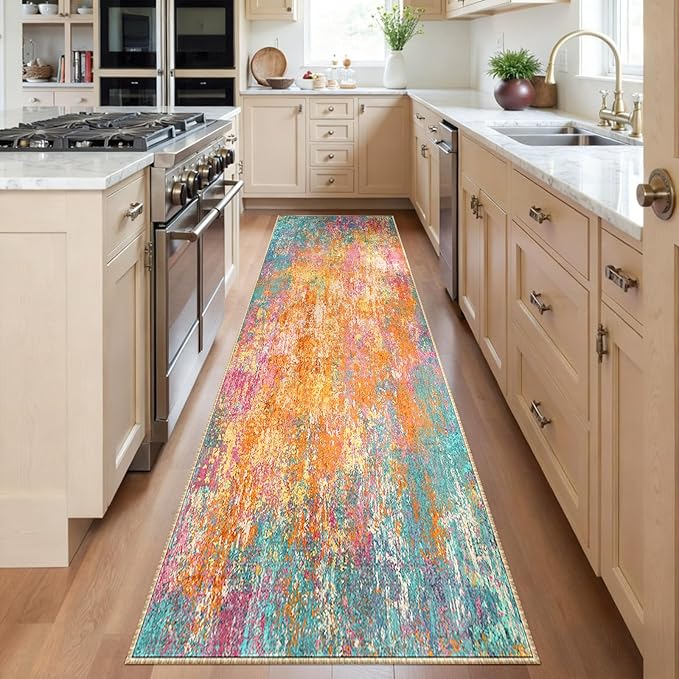 RELEANY Washable Area Rugs 2'x6' Non-Slip Modern Abstract Soft for Living Room Entryway Bedroom Nursery, Print Pattern, Orange Blue Pink Yellow Colorful