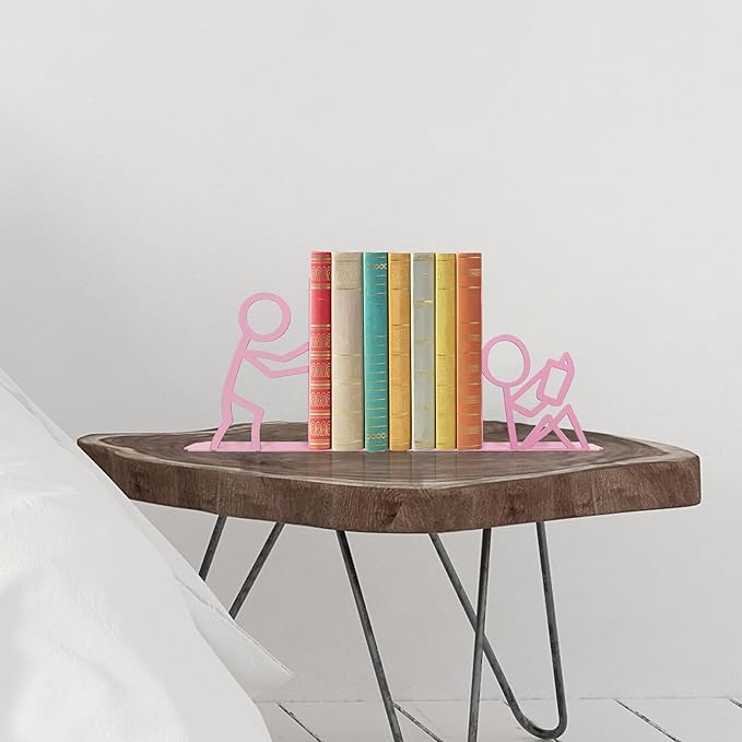 Metal Unique Office Desk Bookends Bookends Decorative Cute Book Ends Reading Decor Bookshelf Decor for Office School Library Bedroom, Book Lovers Gift（Pink）