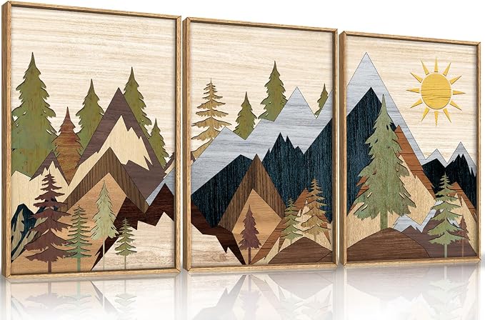 Mountain Pine Tree Framed Canvas Wall Art Set, Nature Wilderness Illustration Wall Decor, Woodcut Forest Wall Painting, Mid Century Modern Art Print for Living Room Bedroom Office 24"x36"x3
