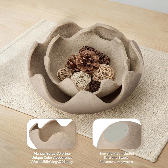 Wavy Decorative Bowl Home Decor - Set of 2 Modern Handmade Decorative Fruit Bowl for Kitchen Counter, Creative Centerpiece Decor for Entryway Table Coffee Table, Artificial Stone Beige