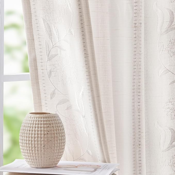 jinchan Winslow Linen Curtains for Bedroom 63 Inches Length Embroidered Bordered Floral Curtains for Living Room Farmhouse Decor Light Filtering Window Treatments White on White Drapes 2 Panels