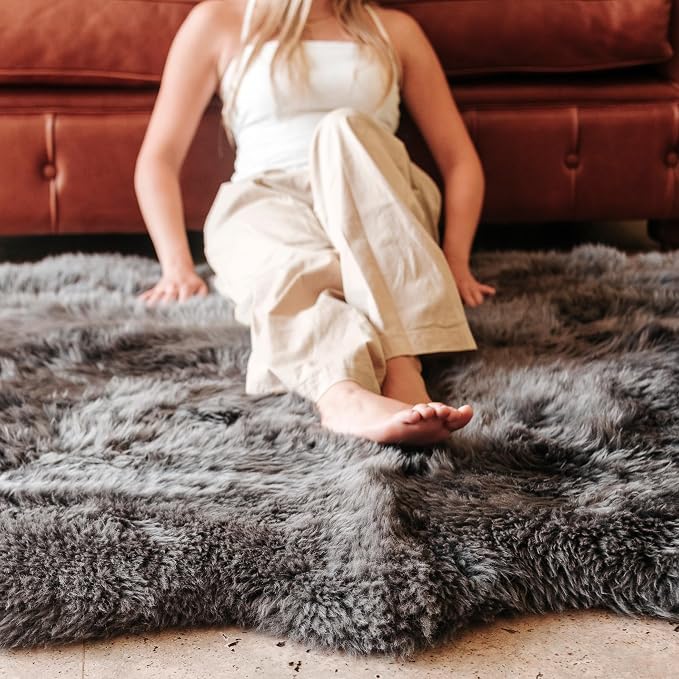 Premium 100% Genuine Sheepskin Rug 5x6 Ft – Natural Soft & Fluffy Grey Lambskin Area Rug for Bedroom or Living Room – Made in Argentina
