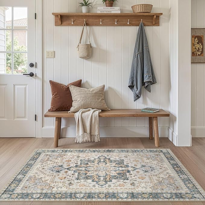 Tortania Area Rug Living Room Rugs - 3x5 Washable Rug Vintage Oriental Distressed Farmhouse Small Thin Indoor Carpet for Living Room Bedroom Under Dining Table Home Office - TealTaupe