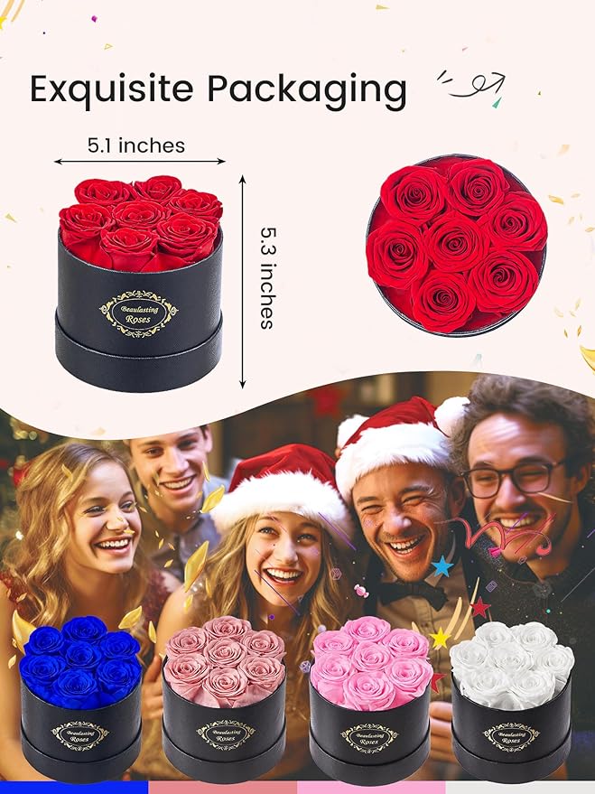 Beaulasting Long Lasting Preserved Roses in a Box Last a Year Forever Flowers for Her Mom Wife Anniversary Birthday (Round Black Box)