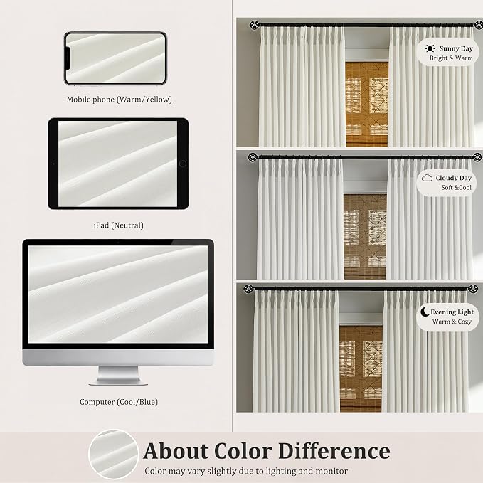 Pinch Pleated Linen Curtains 96 Inch, 2 Panels Premium 400GSM Memory Trained Semi Sheer Light Filtering Window Drapes for Living Room Bedroom Dining, Back Tab & Adjustable Hooks Rings , Natural White