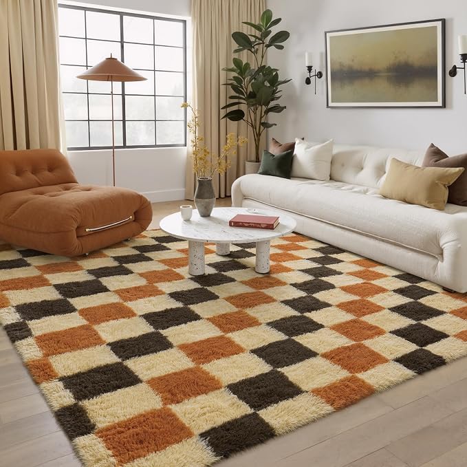 PureCozy Checkered Rug 5x7 for Living Room, Colorful Modern Shag Rug Super Soft Washable Indoor Fuzzy Carpet Non-Slip Fluffy Rugs for Bedroom Home Aesthetic Decor