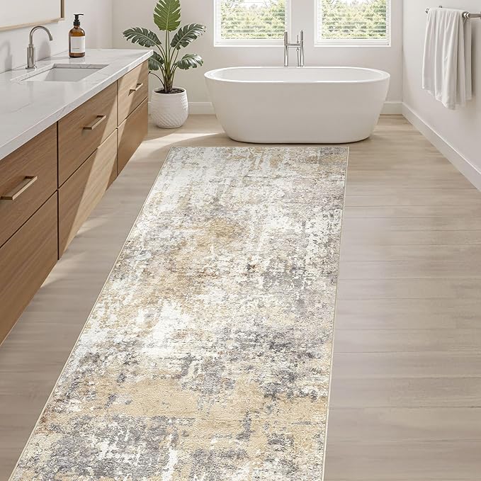 Runner Rug Kitchen Washable Rugs: 2x10 Non-Slip Abstract Soft Modern Stain Resistant Indoor Floor Neutral Accent Throw Carpet for Hallway Bathroom Laundry Room Entryway Bedroom- Gray Gold