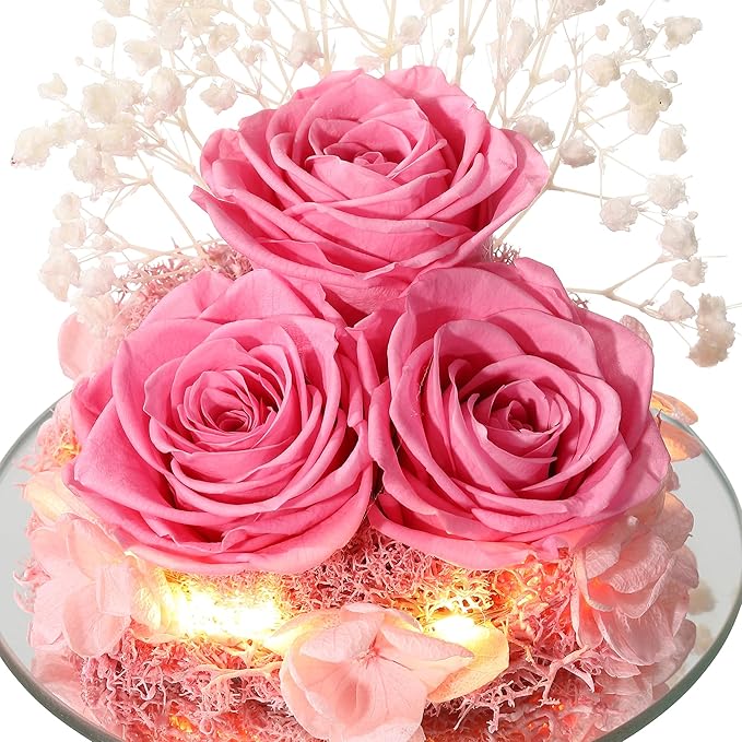 Mothers Day Rose Gifts for Women Preserved Real Flower in Glass Angel Figurines Roses for Delivery Prime Birthday Gifts for Mom Grandma Girlfriend Wife Her, Sweet Pink