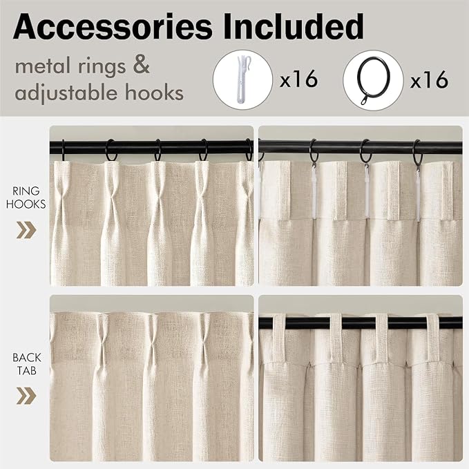 MIULEE Pinch Pleated Thick Linen Curtains 90 Inches Long 2 Panels for Living Room Bedroom, Linen Textured Memory Trained Pleat Drapes Back Tab Light Filtering Birch Window Curtains with Hooks