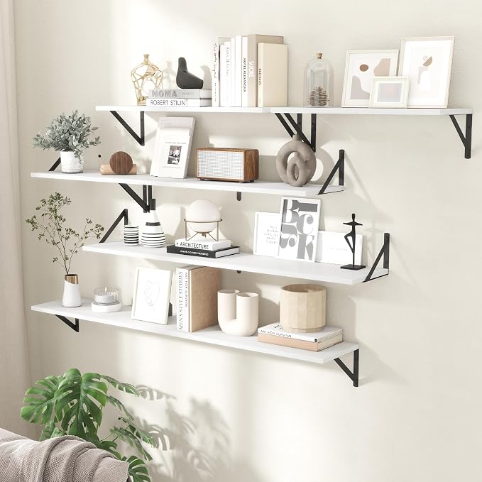 8" Deep Floating Shelves for Wall,16 inch Wood Wall Shelves Set of 2,Wide Floating Bookshelf with Sturdy Metal Brackets,Hanging Storage Floating Shelf for Living Room,Bedroom,Bathroom,Office,White