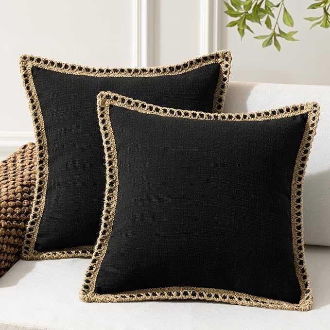 Phantoscope Pack of 2 Farmhouse Decorative Solid Pillow Cover Burlap Linen Trimmed Tailored Edges, Black, 26 x 26 inches, 65 x 65 cm