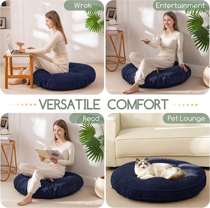 HIGOGOGO 35" Floor Pillow Cushion for Adults, Meditation Cushion Pillow, Extra Large Square Floor Sitting, Tufted Corduroy Cover for Tatami Living Room or Yoga, Navy