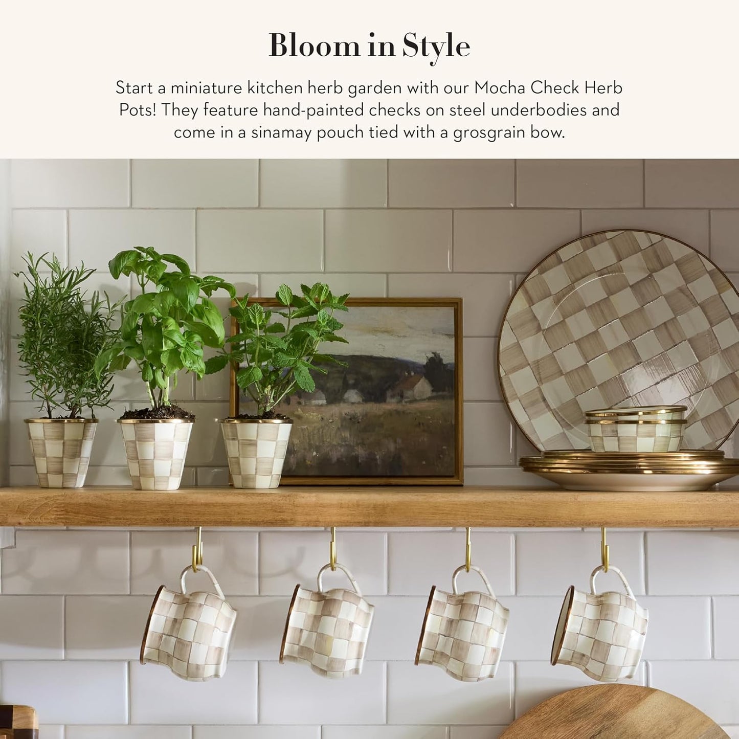 MACKENZIE-CHILDS Enamel Herb Pots, Small Plant Pots for Herbs or Flowers, Set of 3, Brown-and-White Mocha Check