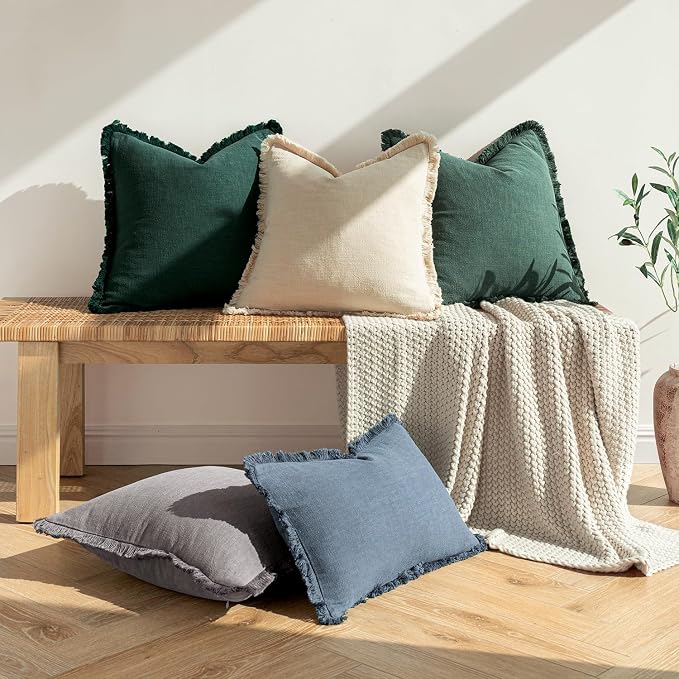 MIULEE Decorative Throw Pillow Covers Neutral Linen Fringe Throw Pillows Set of 2 Beige Boho Farmhouse Cushion Covers with Tassels for Couch Sofa Bed Living Room Spring Home Decor 18x18 Inch