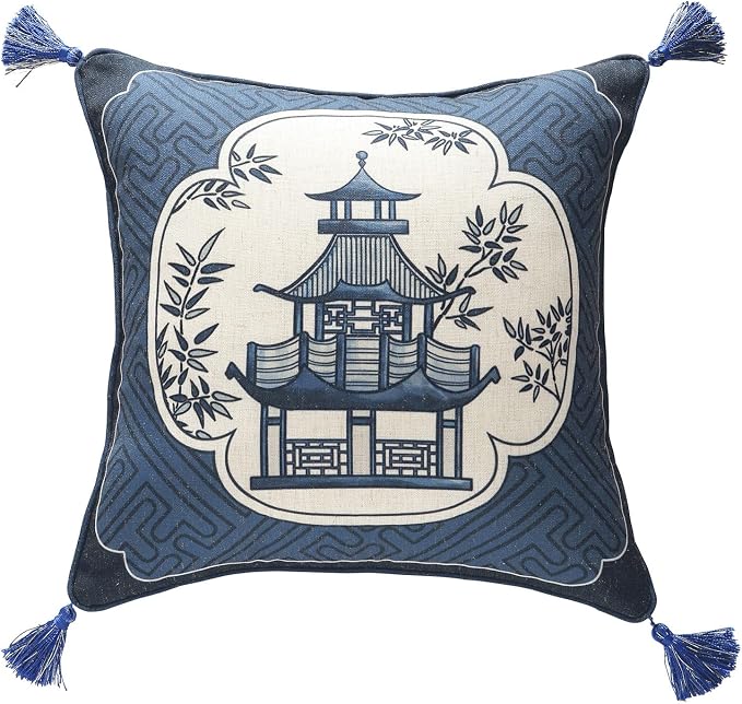 bilin gaier Designer Vintage Linen Throw Pillow Cover,18"x18"-Suqing B | Chinoiserie Elegant Square Blue Pillow Cover,Concealed Zipper Design,Sofa,Bedroom,Living Room,Dining,Lounge Chair