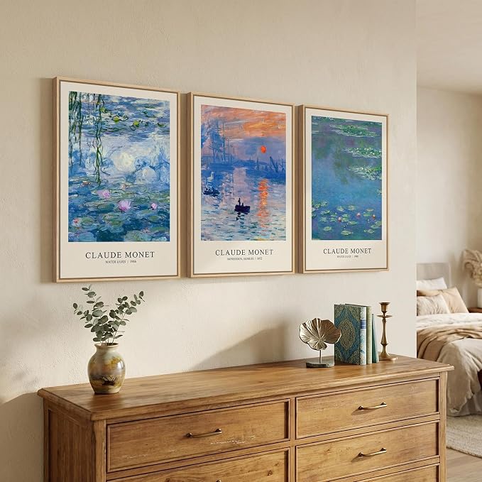 Framed Claude Monet Landscape Wall Art for Living Room, 3 Piece Impressionist Canvas Picture Artwork for Walls, Classic Blue Lake Water Lilies Prints Painting for Bedroom Dining Room Hallway, 16x24 In