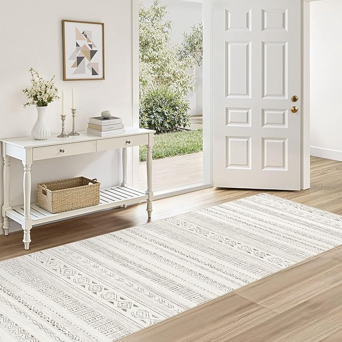 cotiled Hallway 2.6x8 Runner Rugs: Washable Boho Rugs with Non Slip Backing Large Soft Indoor Low Pile Carpet for Living Room Bedroom Farmhouse Dining Room Lightweight Home Decor L Brown/Cream